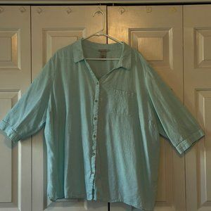 Catherines x3 (26/28) Linen Blend Shirt Turquoise Button Collar 3/4 sleeves